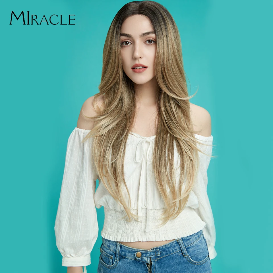 

Synthetic Lace Front Wig Blonde Wig Long straight Hair 28 Inch Natural Wig Ombre Blonde Wig Heat Resistant Fiber Wigs For Women