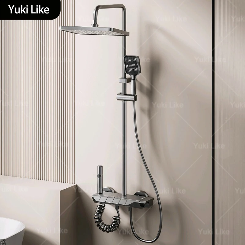 ชุดฝักบัวอาบน้ำสีเทากันเมทัลสำหรับห้องน้ำ ชุดฝักบัวแบบกุญแจเปียโนสำหรับใช้ในบ้าน น้ำร้อนน้ำเย็นอเนกประสงค์ ชุดฝักบัวอลูมิเนียมเพิ่มแรงดัน 1