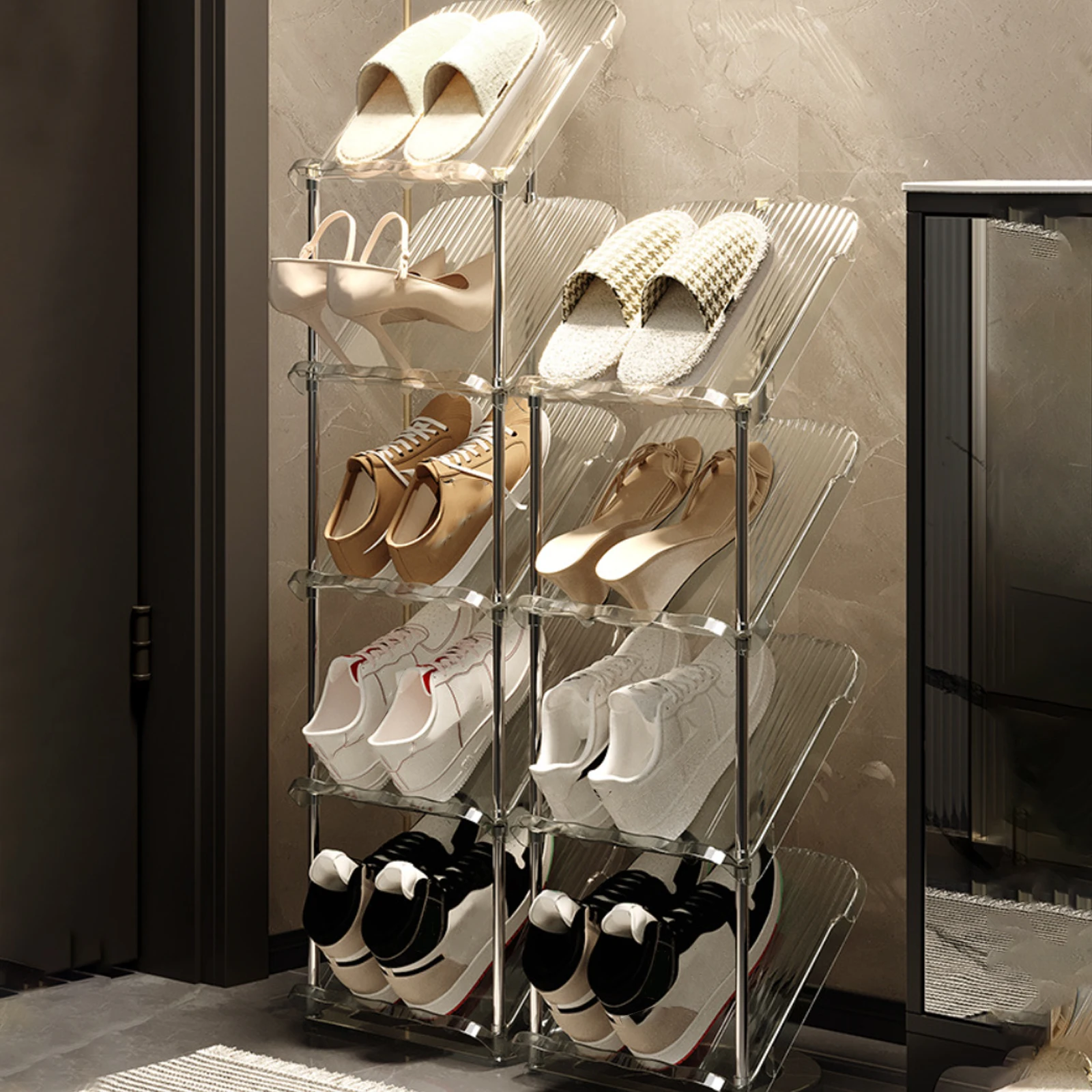 Description Picture 3 of item4-Layer Shoe Rack Space-saving Sloping Shoe Storage Rack Household Stackable Shoe Cabinet for Entryway Hallway Bedroom Closet