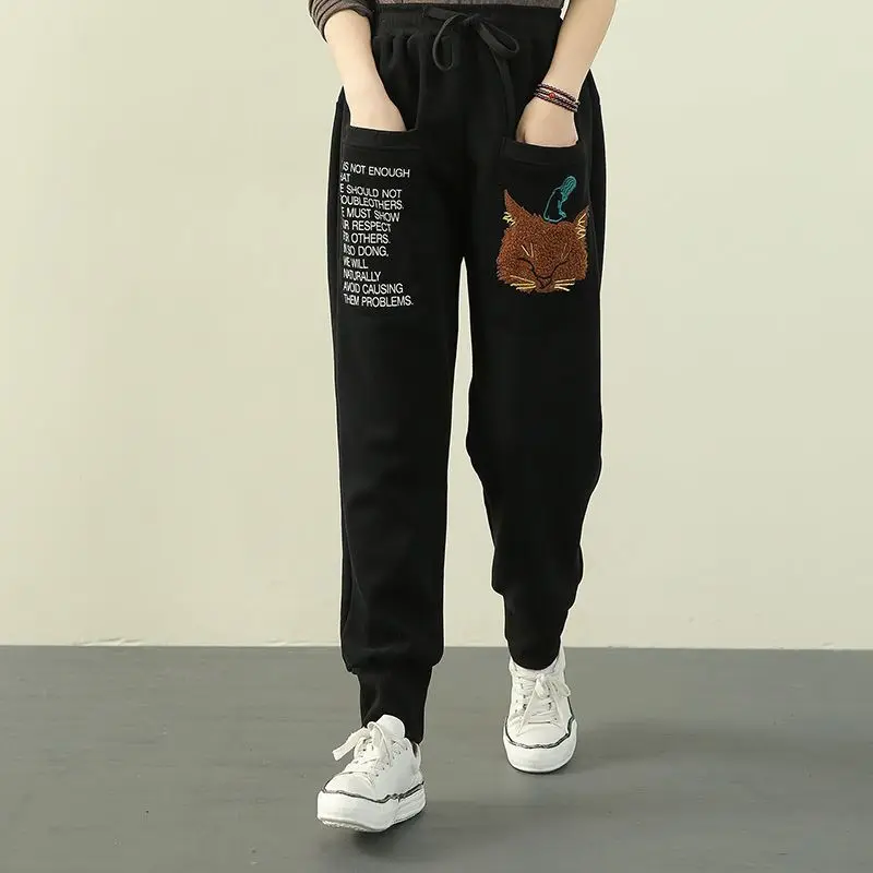 2023 Autumn and Winter Women's High Waist Printing Drawstring Pockets Letter Loose Animal Fashion Casual Elegant Commuter Pants graffiti monkey painting monkey art animal art apron chef uniform woman with pockets apron