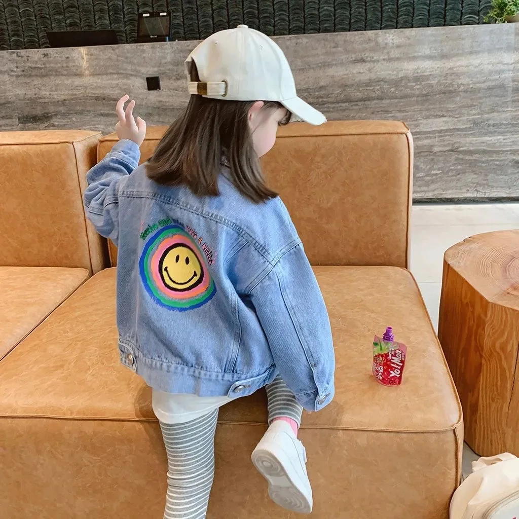 windbreaker coat 2-10 Years Old Spring Autumn Denim Girls Coat Smile pattern Full Sleeve Windbreaker For Kids 2022 New Teenager Children Jacket Outerwear & Coats comfortable Outerwear & Coats