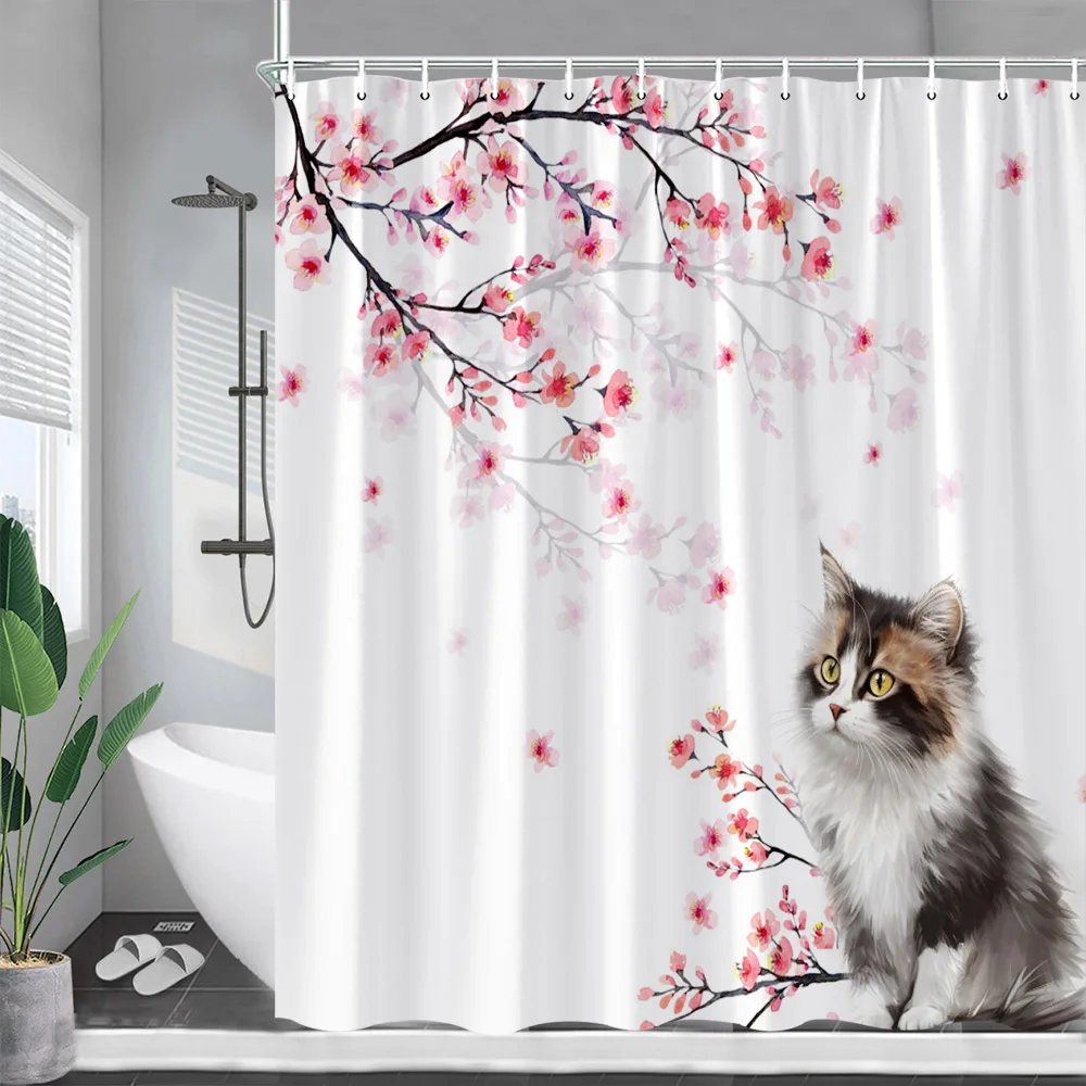 

Funny Cat Floral Shower Curtain Cute Animal Pink Cherry Blossom Flowers Plants Bath Curtains Modern Fabric Bathroom Decoration
