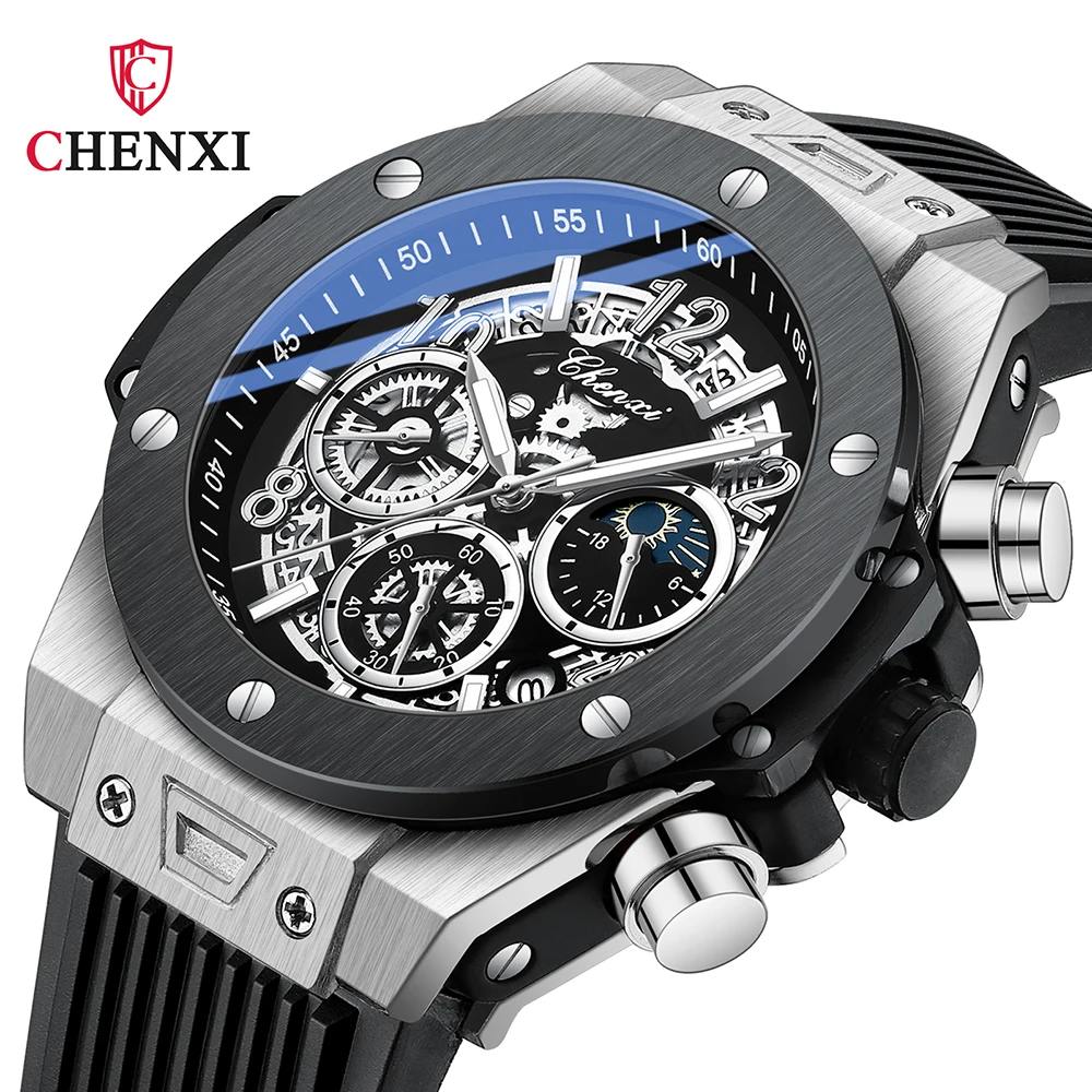 2024 CHENXI Mens Watches Top Brand Luxury Black Silicone Strap Sports Military Watch Men Waterproof Watches Stopwatch Moon Phase