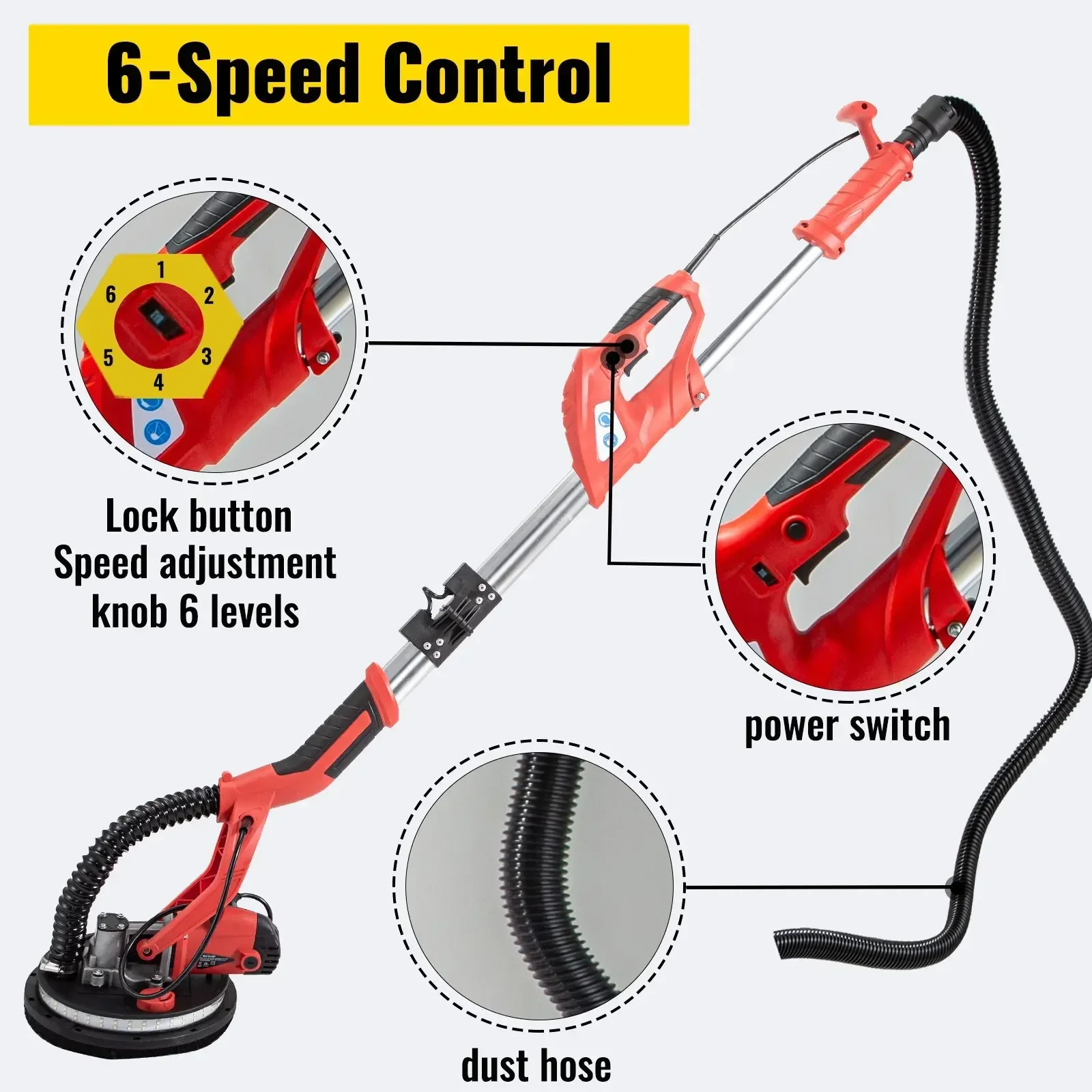 Electric Drywall Polishing Sander VEVOR 750W Polishing Machine Extendable With LED Strip Light Foldable