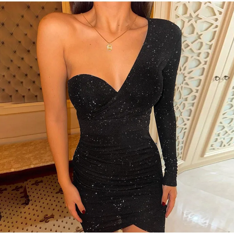 Frauen Solide Pailletten One-Shoulder Mini Kleid V-ausschnitt Taille Cinching Hüfte Paket Kleider 2025, Mode Dame Abend Party vestidos – Detail 15