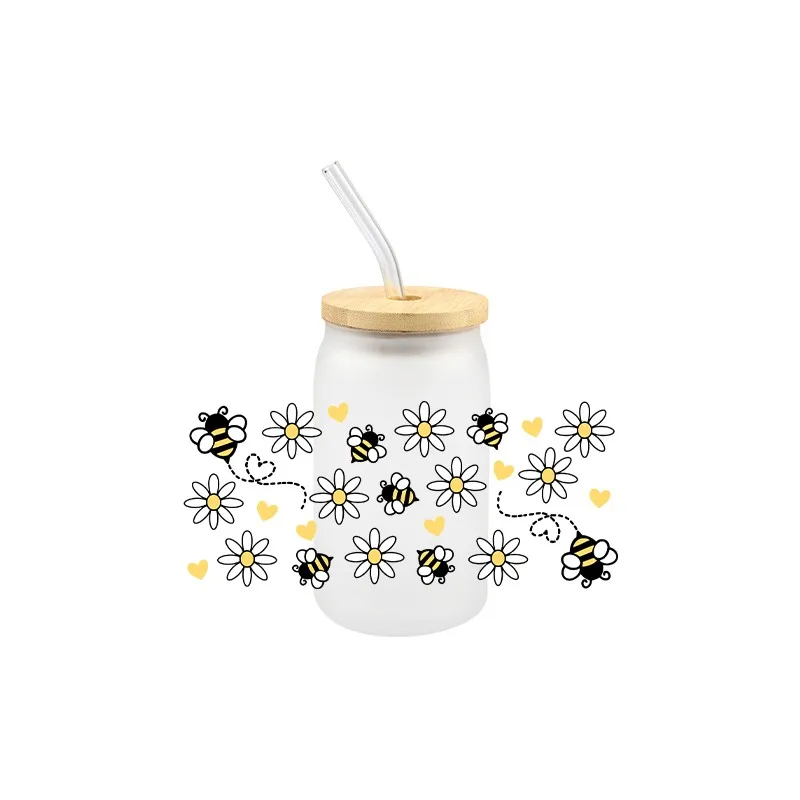 Bees Theme UV DTF Transfer Sticker Cartoon Cute Unique Decals For Wraps Cup Libbey Glass Cup Design Sticker 3D
