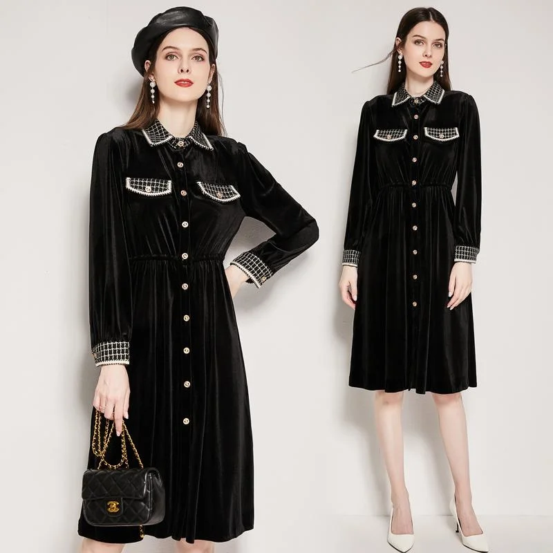 

Comforble Loose Women Winter Knee Length Dresses Class Black Velvet Warming High Slim Waist Single Breasted Casual Vestidos