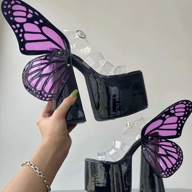 

Women's Platform Open Toe PVC Strap Purple Butterfly Wings Sandals Chunky High Heels Decorative Footwear Transparent Sandals