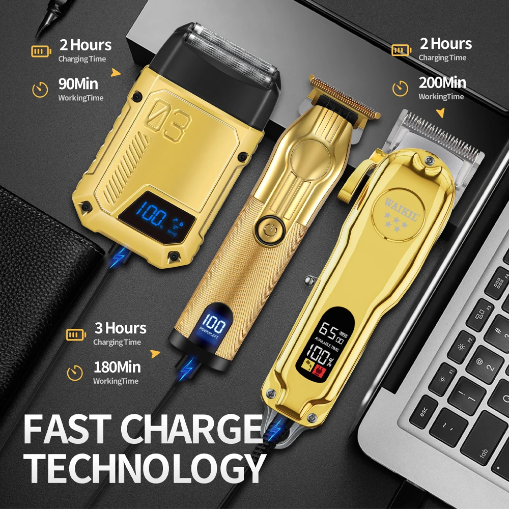 WAIKIL Professional Men's Electric Hair Clipper Three In One Shaver Oil Head Electric Push Shear USB Rechargeable Carving Shear 5