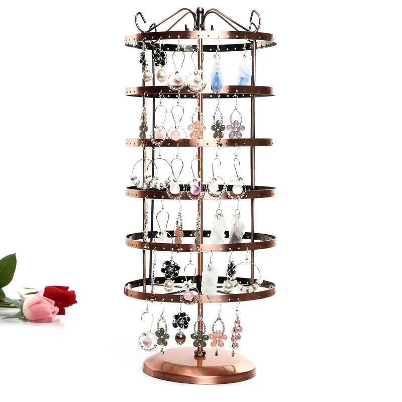 6 Layers Rotating Iron  Earring Holder with 288 Holes Circular Storage Organizer for Necklace Pendant Jewelry Display Rack