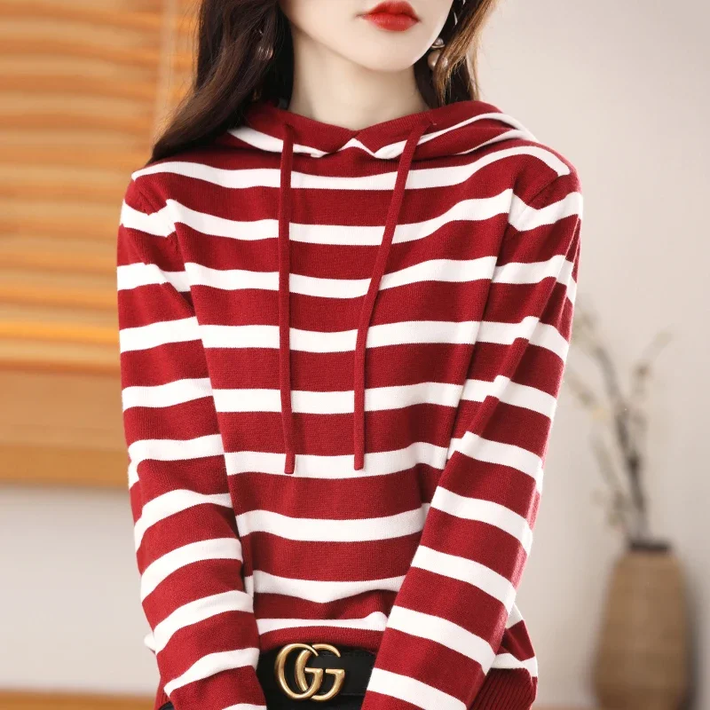 

QIWN Autumn and winter new Cashmere Sweater Hoodie women's loose Pullover Hoodie striped Hoodie