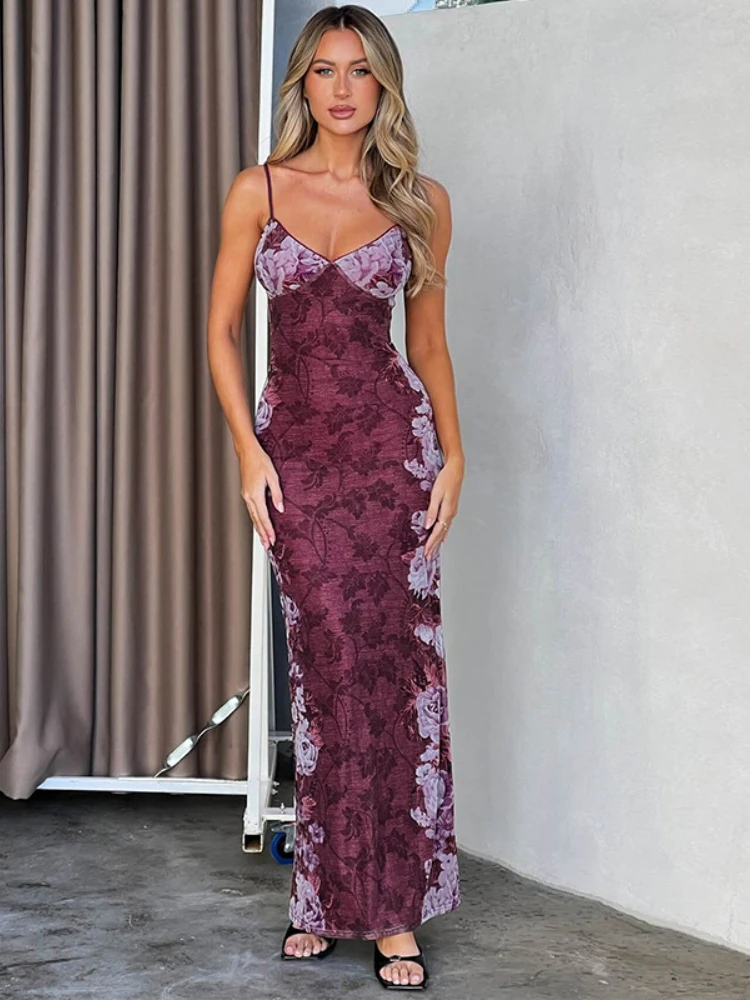 

Women's Sexy V Neck Vintage Sling Pullover Evening Dress Summer Fashion Spaghetti Strap Backless Nightclub Party Maxi Dresses