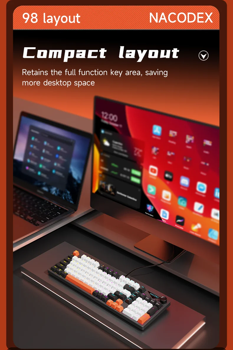 AJAZZ NK98 Hot-Swap-fähige Mechanische Tastatur, Metall-Lautstärkeregler, Beleuchtete Tastenkappen, Kabelgebundene Tastatur – Detail 4