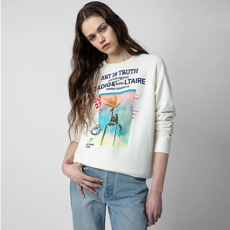 

Zadig White Sweatshirts Women Fashion Coconut Tree Print Cotton Loose Hoodie Female Crew Neck Hoodies New Autumn Pullover Tops