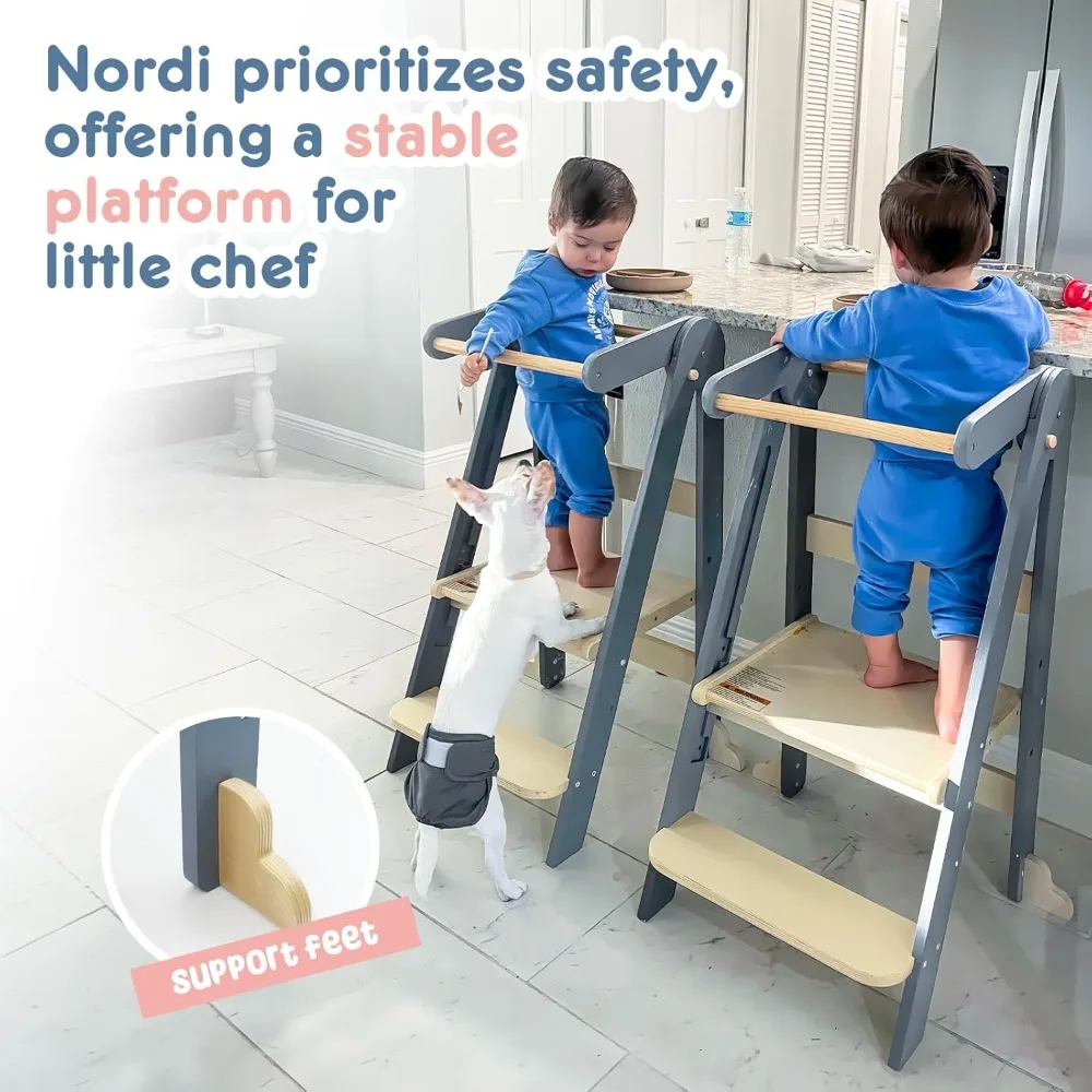Foldable Toddler Kitchen Tower, Montessori Helper, Adjustable Heights for 18-48 Months, Grey
