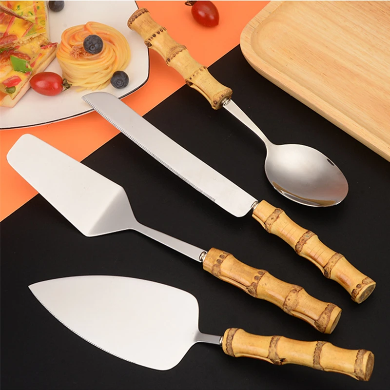 Nature Bamboo Pizza Cake Shovel Triangular Spatula Set with Cheese Slicer Cutter Knife