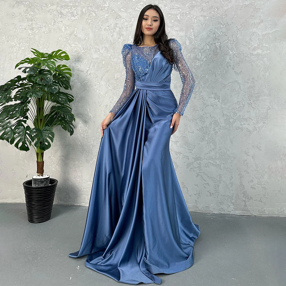 

Fairy Long Sleeve Illusion Satin Patchwork Evening Dresses A-line High Slit Round Neck Prom Gown платья на торжество