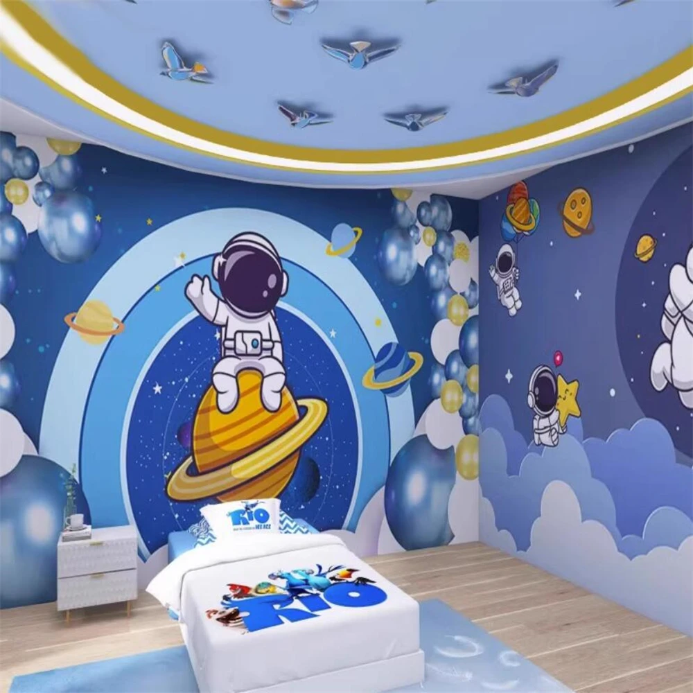 Papel de Parede de Astronauta Espacial Personalizado para Quarto de Meninos e Meninas Papel de Parede Fresco dos Desenhos Animados