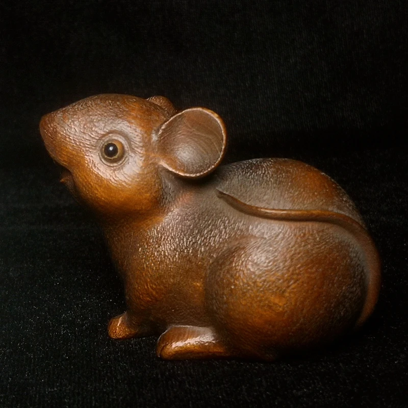 

YIZHU CULTUER ART Length 2.5 inch Old Chinese Boxwood Hand Carved clever mouse Statue desk Decoration gift Collection