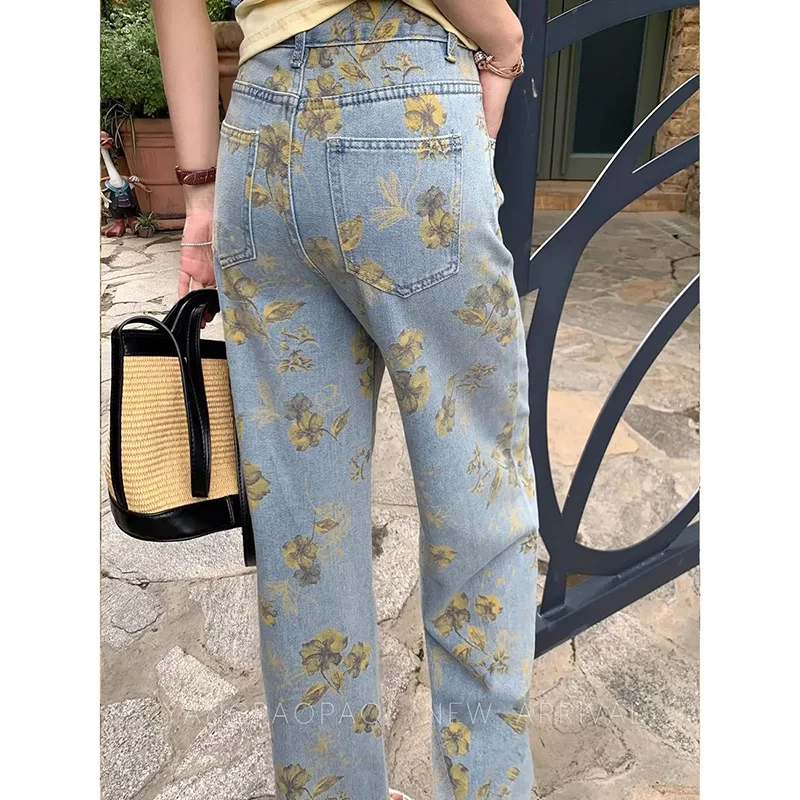 2025 Lady Retro Blue Flower Print Jeans Pants Female High Waisted Denim Pants Girls Thin Casual Daily Jeans Trousers 2