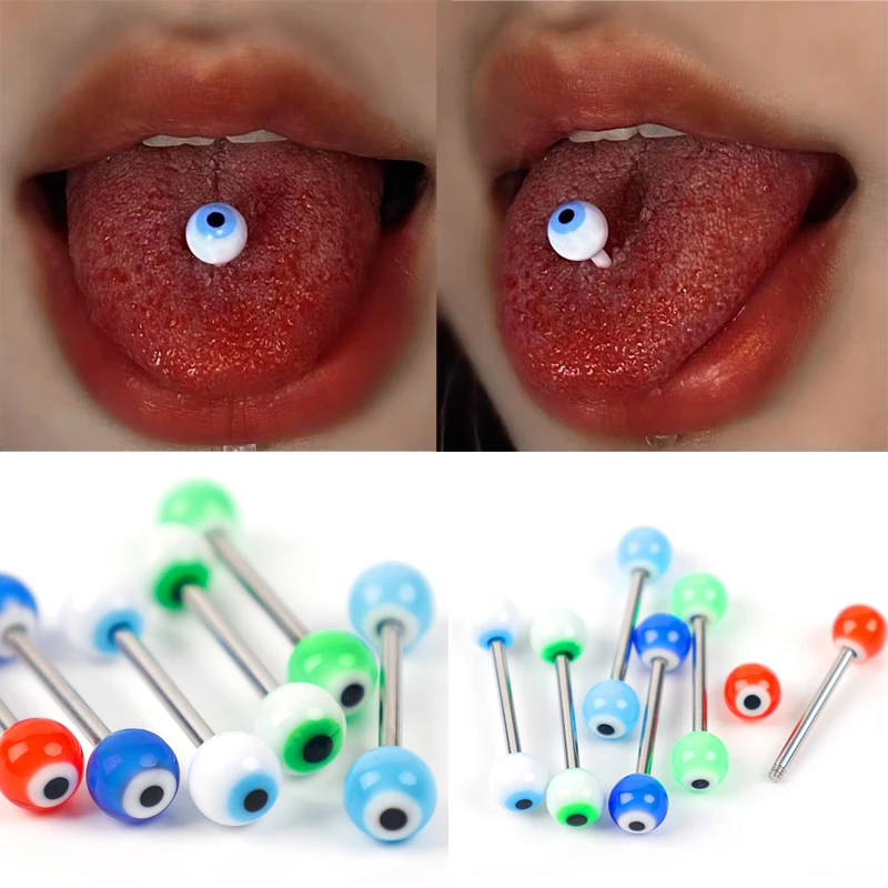 1pcs Evil Eyes Tongue Rings Bar Rubber Acrylic Piercing Balls Nipple Rings Surgical Steel
