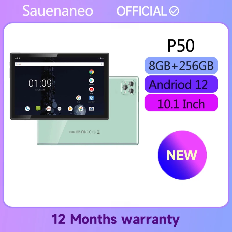 Sauenaneno P50 планшет, экран 10,1 дюймов, Android 12, 8 ГБ ОЗУ 256 Гб ПЗУ soyes xs11 3g mini смартфон 1 гб озу 8 гб пзу экран 2 5 дюймов четырёхъядерный