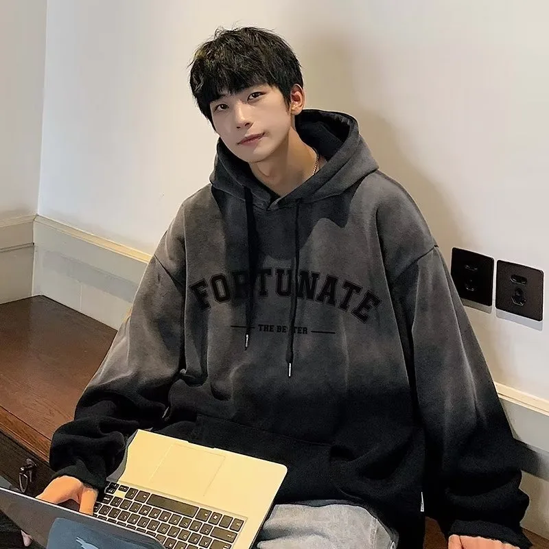 

Autumn Korean Gradient Men's Hoodie American Retro Loose Hoodies Sweatshirt Letter Print Harajuku Women's Streetwear Chic Tops