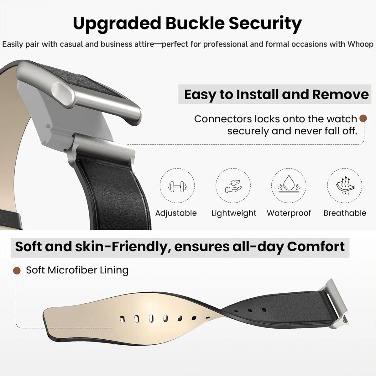 Premium Leather Strap with Stainless Steel Buckle - Waterproof, Sweatproof, and Adjustable