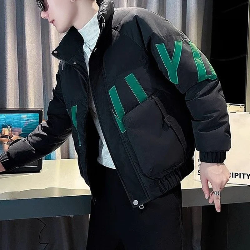 Autumn Winter New Contrast Color Fashion Long Sleeve Parkas Men Casual Loose Zipper Pocket Button Outwear Korean Style Tops