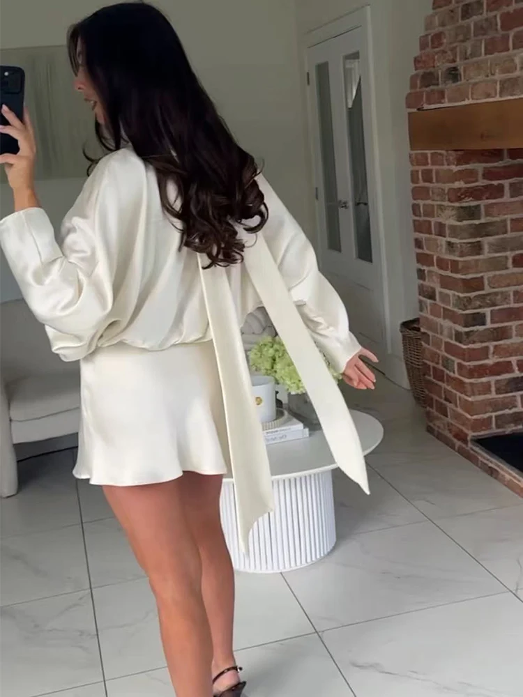 Women Mini Dresses With Scarf Chic Loose Turtleneck Long Sleeve Solid Dress Autumn 2025 New Lady Fashion Vacation Dresses