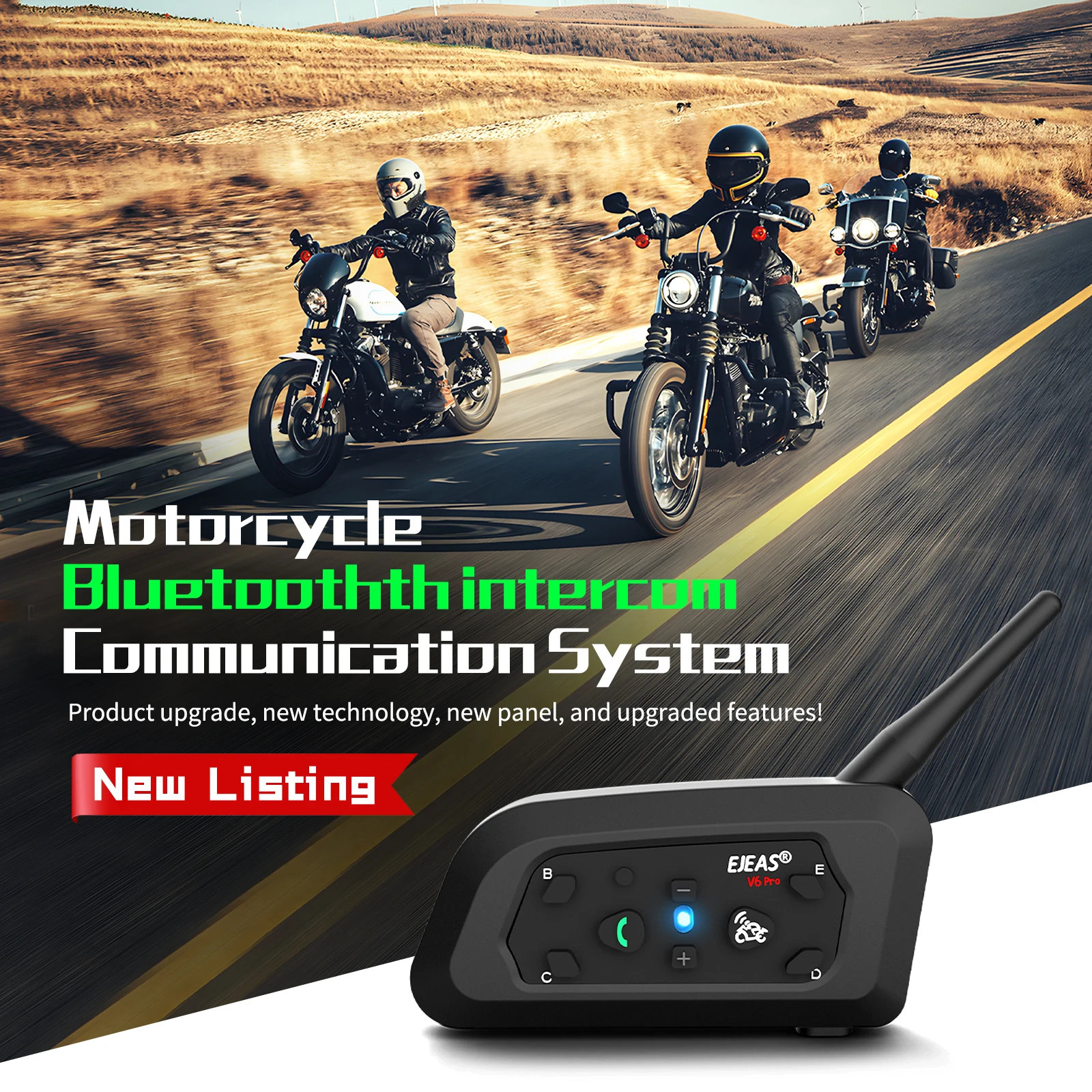 EJEAS V6 PRO+ Motorcycle Bluetooth Helmet Headset Intercom 850mAh MOTO Communicator 800m Interphone for 6 Riders IP65 Waterproof