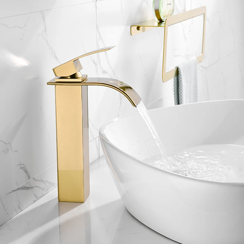 

All copper brushed gold hot and cold basin faucets, single-hole countertop basin and undercounter basin height and short