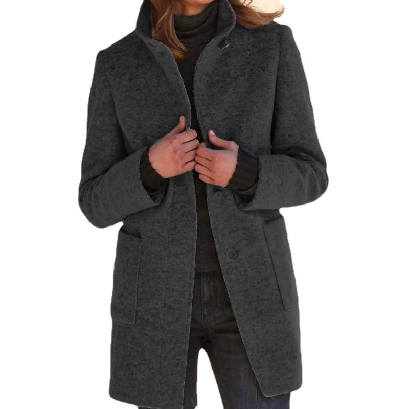 2024 New Double Pockets Warm Coats Women Korean Chic Notched Collar Straight Jackets Autumn Winter Vintage Single Breasted Tops