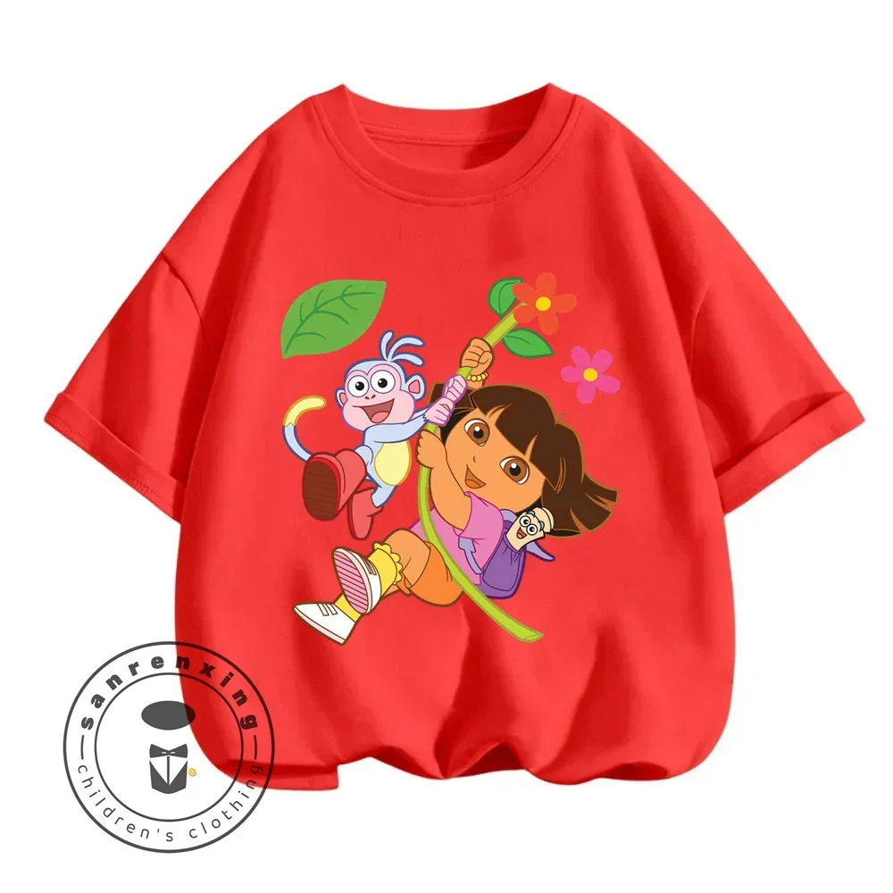 Fun Boys Girls Fashion T-shirt Dora Animated Cartoon Printed Kids T-shirt Hip Hop Boys Clothes White Short Sleeve Shirt Top 5