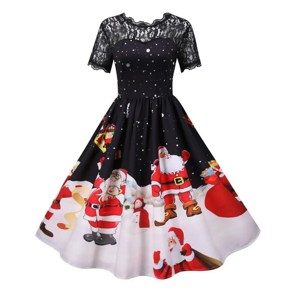 

Women Dress A-line Big Swing Print Round Neck Short Sleeve See-through Lace Patchwork Pleated New Year Christmas Party