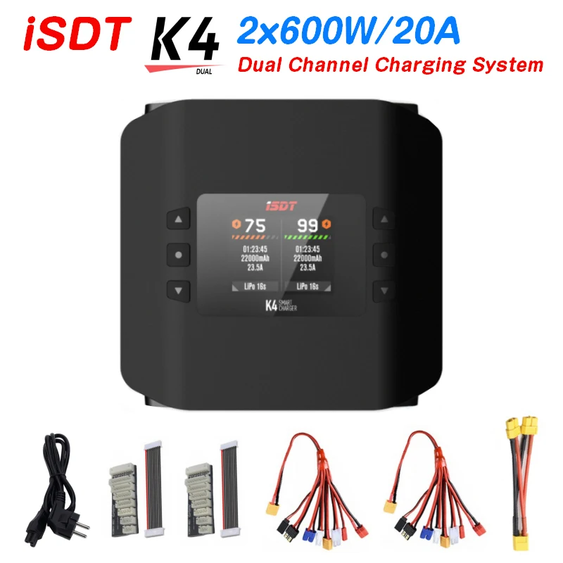 

ISDT K4 AC 400W DC 2x600W 20A Dual Channel Balance Charger Discharger for Lilon LiFe LiPo LiHv ULiHv Pb NiMh Battery