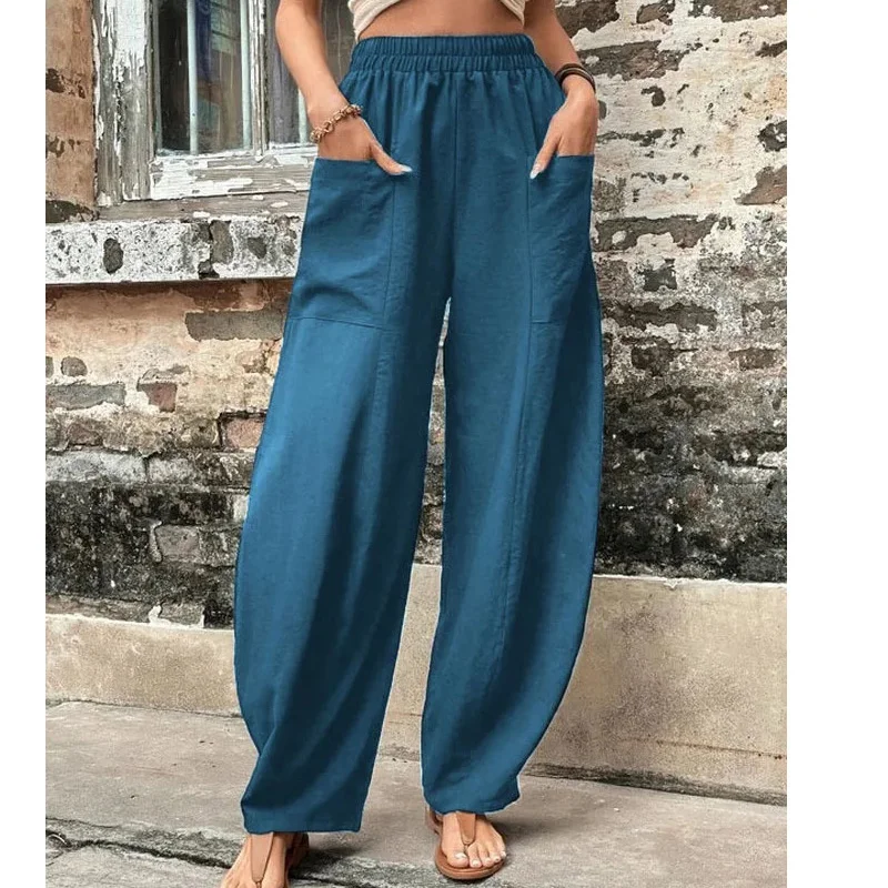 Spring Summer Solid Color Fashion Elastic Waist Wide Leg Trousers Women High Street High Waist Pockets Vintage All-match Pants