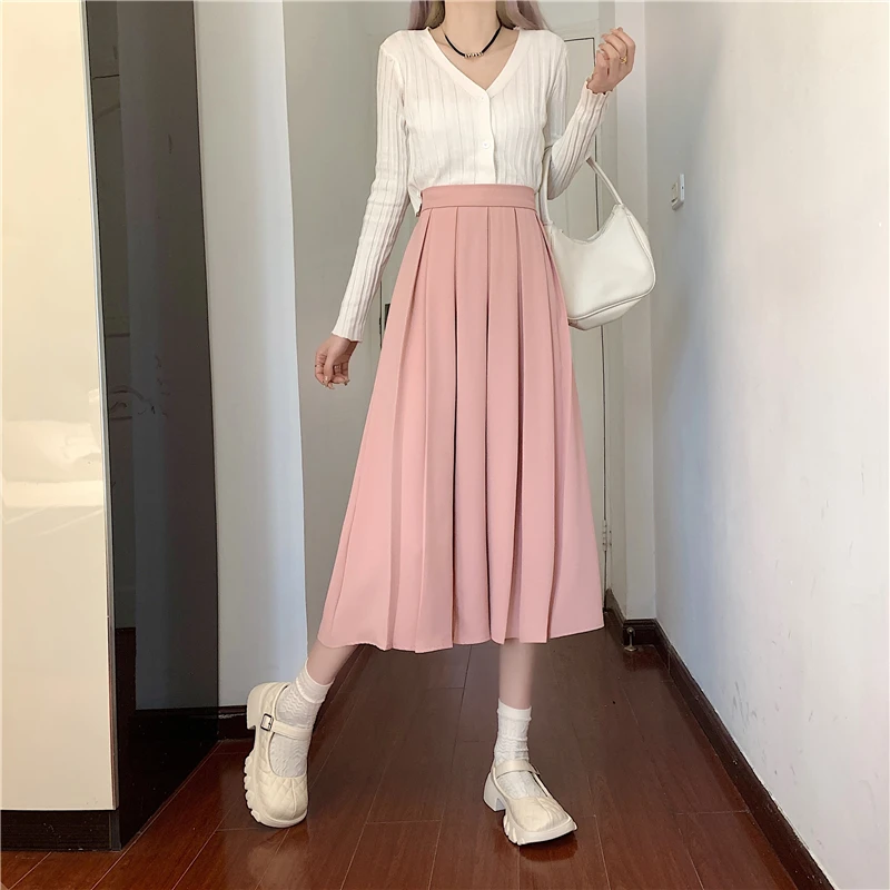 PLAMTEE Mid-Length Pleated Skirts Women S-L 4 Colors New A-Line Fashion High Waist Solid Slim Casual Summer Daily Streetwear OL skirt and top