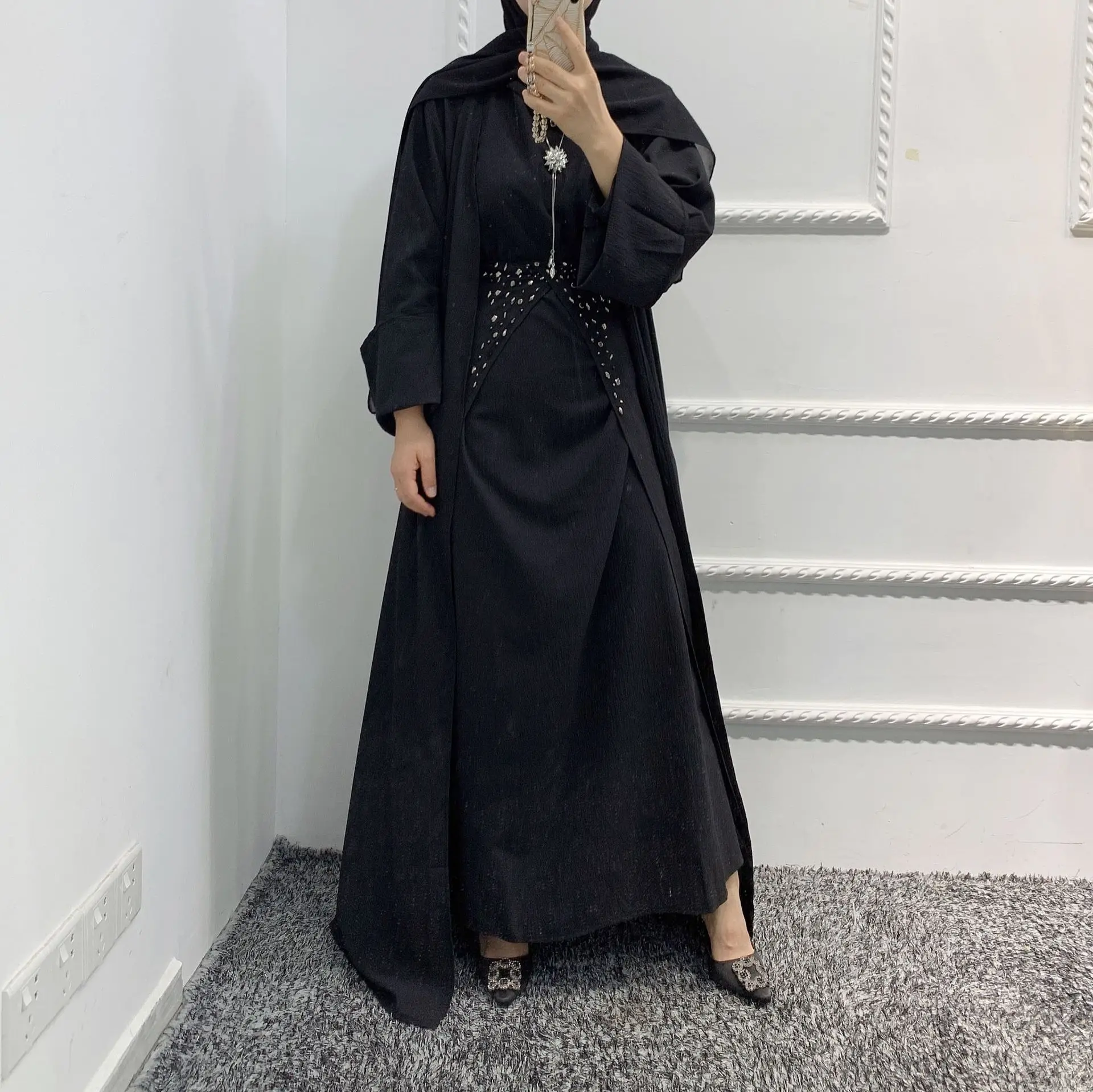 XL Dark Gray 3 Pieces Set Muslim Women Abaya Dress Solid Color main image 0