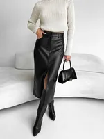 Jupe en cuir taille haute femmes fente avant printemps automne jupe longue taille haute bureau dame jupes minces élégant Ropa De Mujer 4