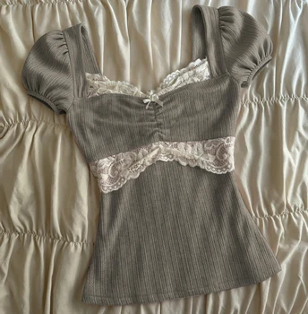 Summer Lace Patchwork Coquette T-shirt Ribbed Knit Slim Fit Milkmaid Tees Women Short Sleeve Y2k Grunge Crop Tops Aesthetic 1