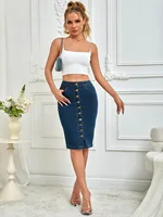 2025 Spring New Women's Summer Front Multi-Button Denim Skirt Fashion Elastic Knee Length Slim Hip-hugging Jeans Pencil Skirt - Image 4