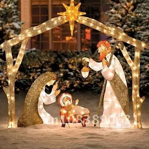 

Religious Metal Nativity Scene Figurine with Light Office Desk Accessories Easter Home Decoration Ornament belen de navidad noel
