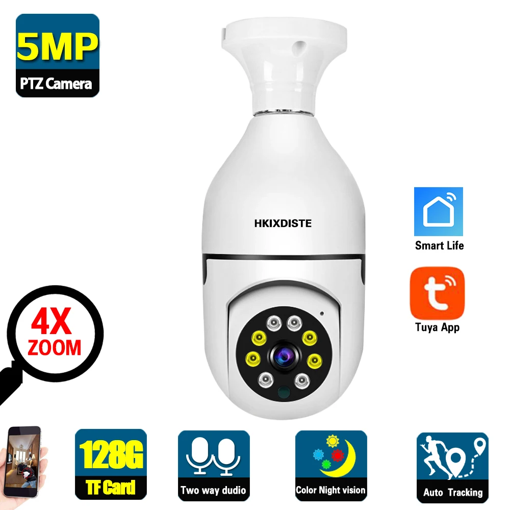 5Mp Tuya Smart Life Wifi Ptz Ip Camera Indoor Mini Lampadina Security Cam Auto Tracking Wireless Cctv Camera Videosorveglianza