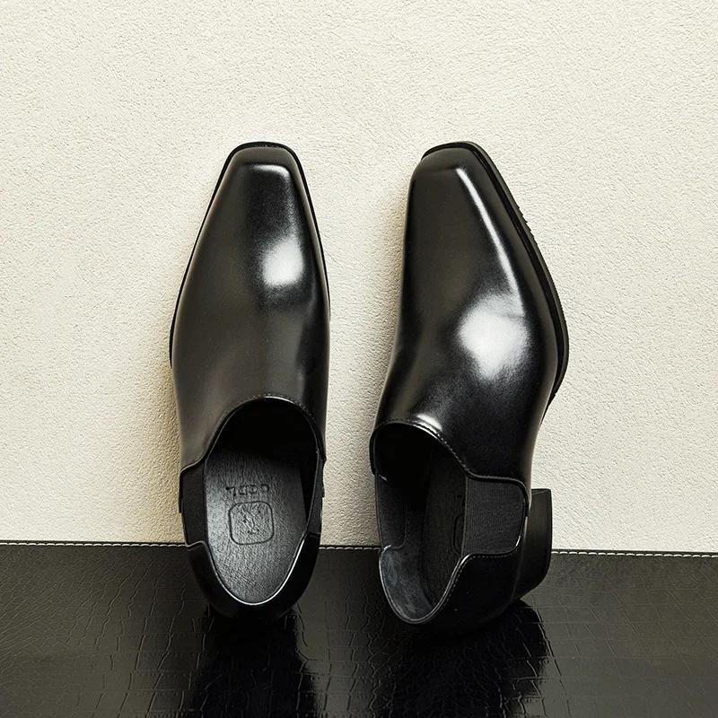 5 Cm Height Mens Derby Shoes Luxury Genuine Leather Handmade Designer Elegant Black Dress Social High Heels