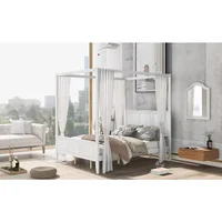 Solid Wood Queen Size 4-Post Canopy Platform Bed with Headboard and Footboard,Center Support Legs, Suitable for Curtains 1