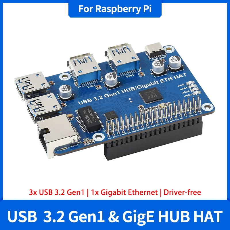 라즈베리 파이 4B USB 3.2 Gen1 허브 기가비트 이더넷 HAT 3개의 USB 3.2 Gen1 포트, 1개의 GigE 확장 보드 드라이버, RPi 3B+용 드라이버가 필요 없는 플러그 앤 플레이