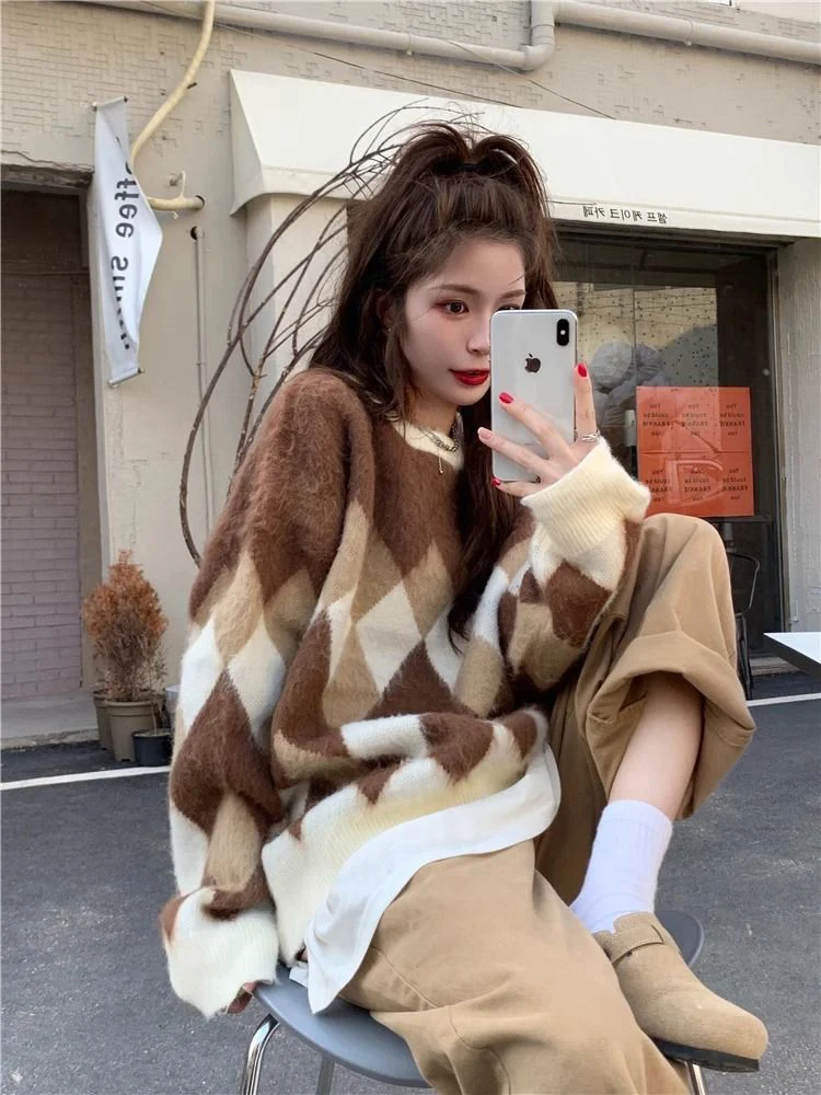 

Jmprs Lazy Wind Retro Argyle Sweater Women Korean Loose O Neck Knitted Jumper Streetwear Casual All Match Fall Winter Soft Tops