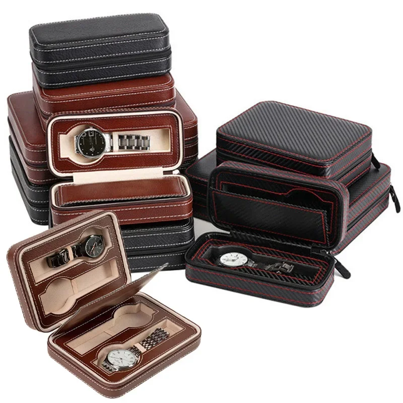 Watch Box Storage Case Display 2/4/8 Slots Dustproof Embedded Zipper Portable PU Leather for Trips and Gifts