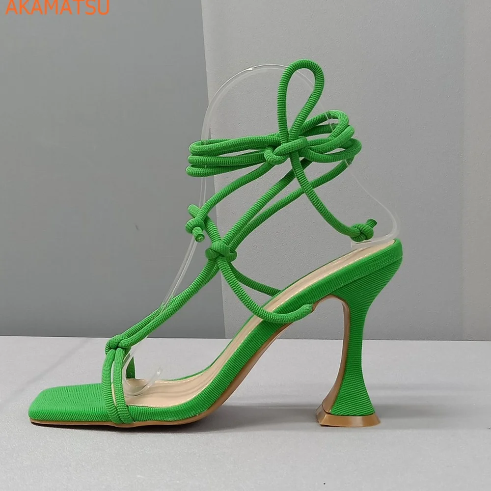 

Square Toe Ankle Strap Women Sandals Solid T-tied Strange Style Slingback Summer Casual Lace Up Fashion Newest Green Women Shoes